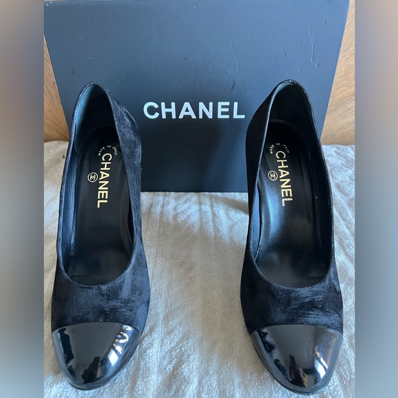 Chanel Cap Toe Blk Suede  Platform High Heel Round Toe W Pump size 9.5 - Picture 12 of 16